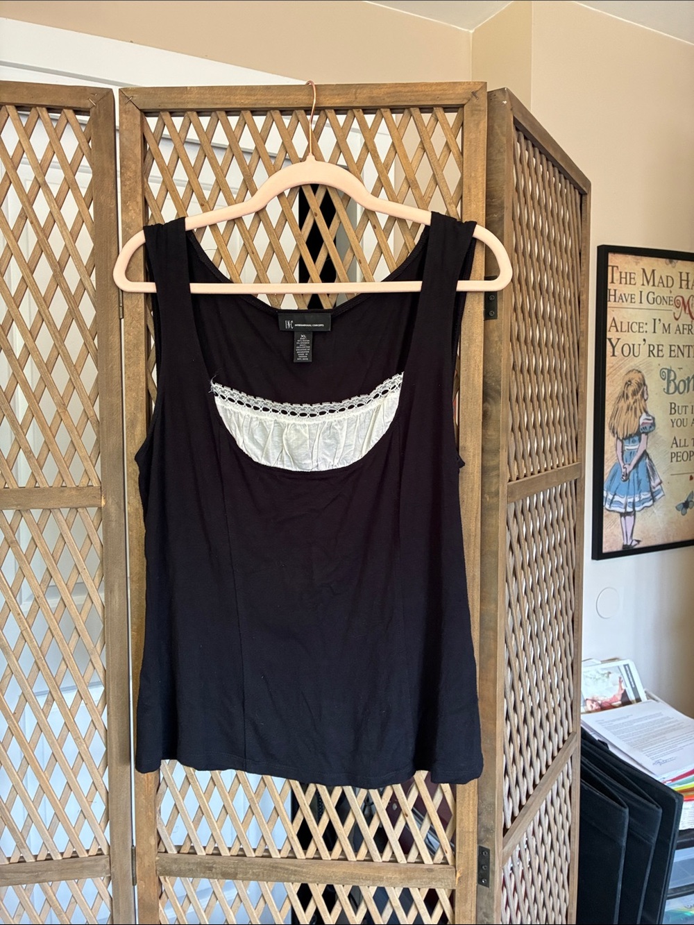 INC International Concepts Black Tank with White Lace Trim Insert